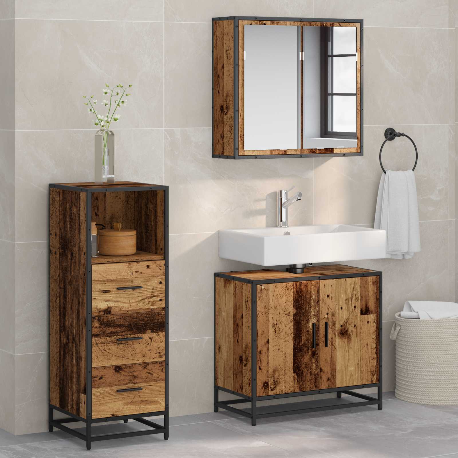 Conjunto de móveis de casa de banho 3 pcs Carvalho Preto Madeira compensada