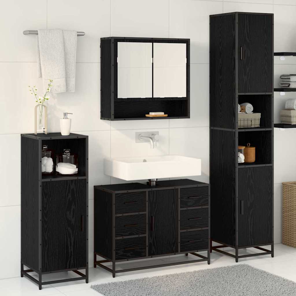 Juego de muebles de baño 4 pcs Roble Negro Madera de ingeniería