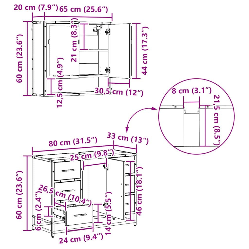 Juego de muebles de baño 4 pcs Roble Negro Madera de ingeniería