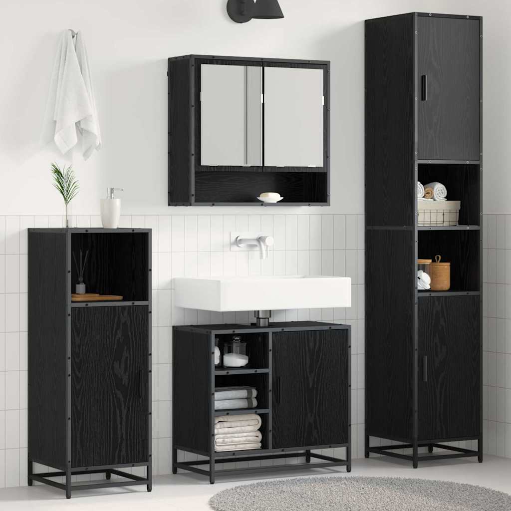 Conjunto de móveis de casa de banho 3 pcs Carvalho Preto Madeira projetada