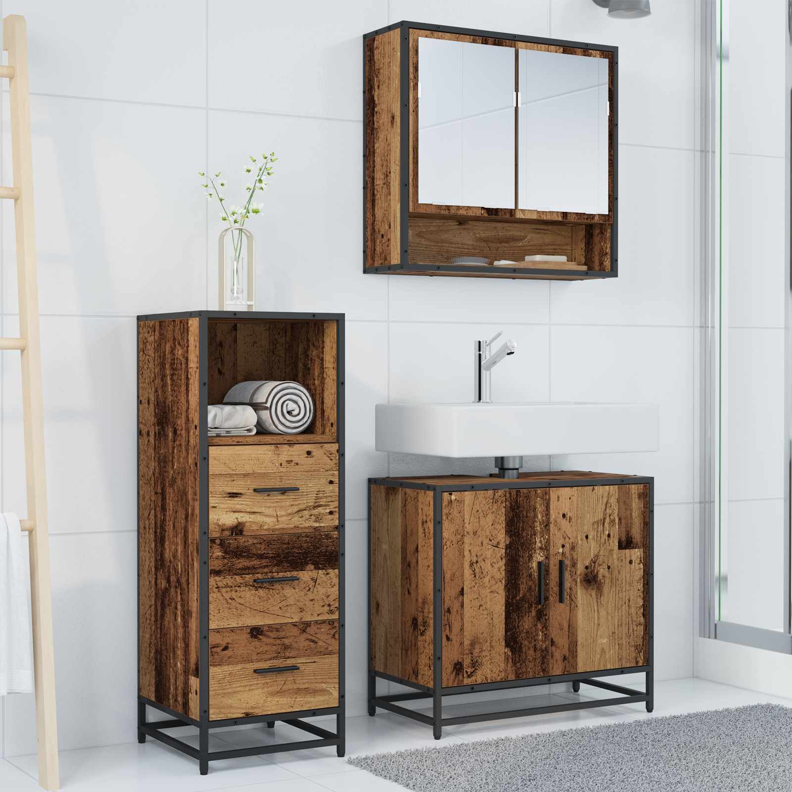 Juego de muebles de baño con cajón 3 pcs Madera envejecida