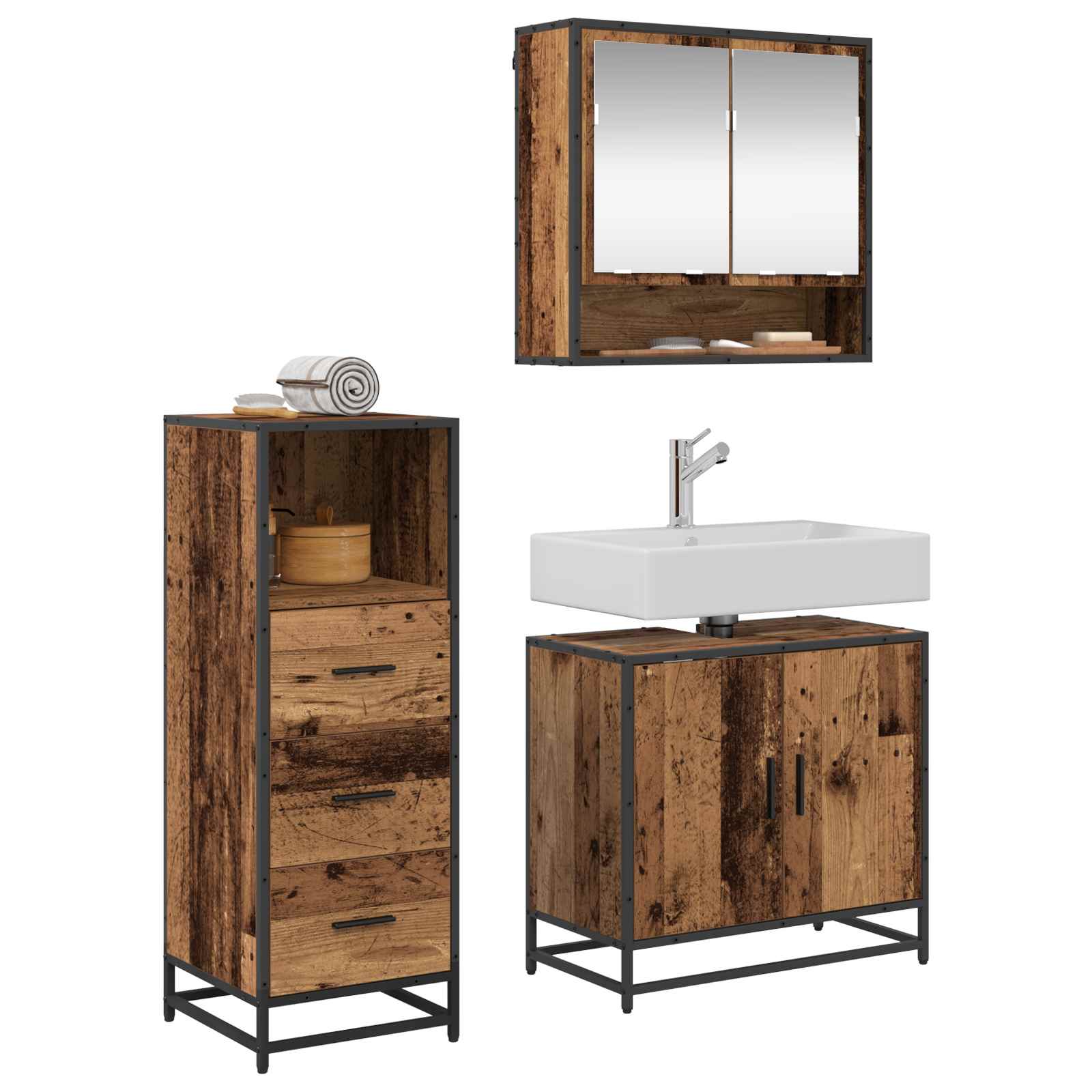 Juego de muebles de baño con cajón 3 pcs Madera envejecida