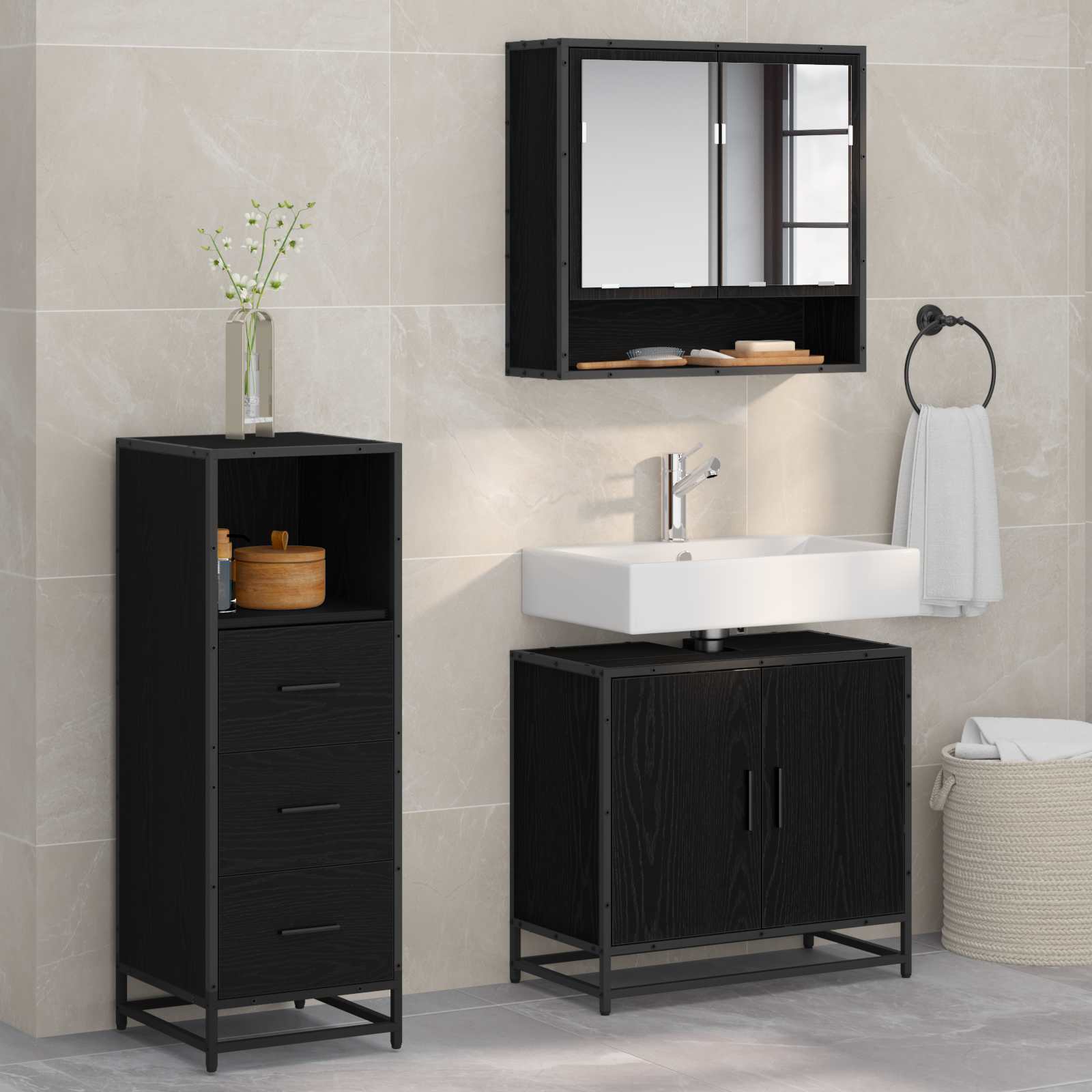Juego de muebles de baño 3 pcs Roble Negro Madera de ingeniería