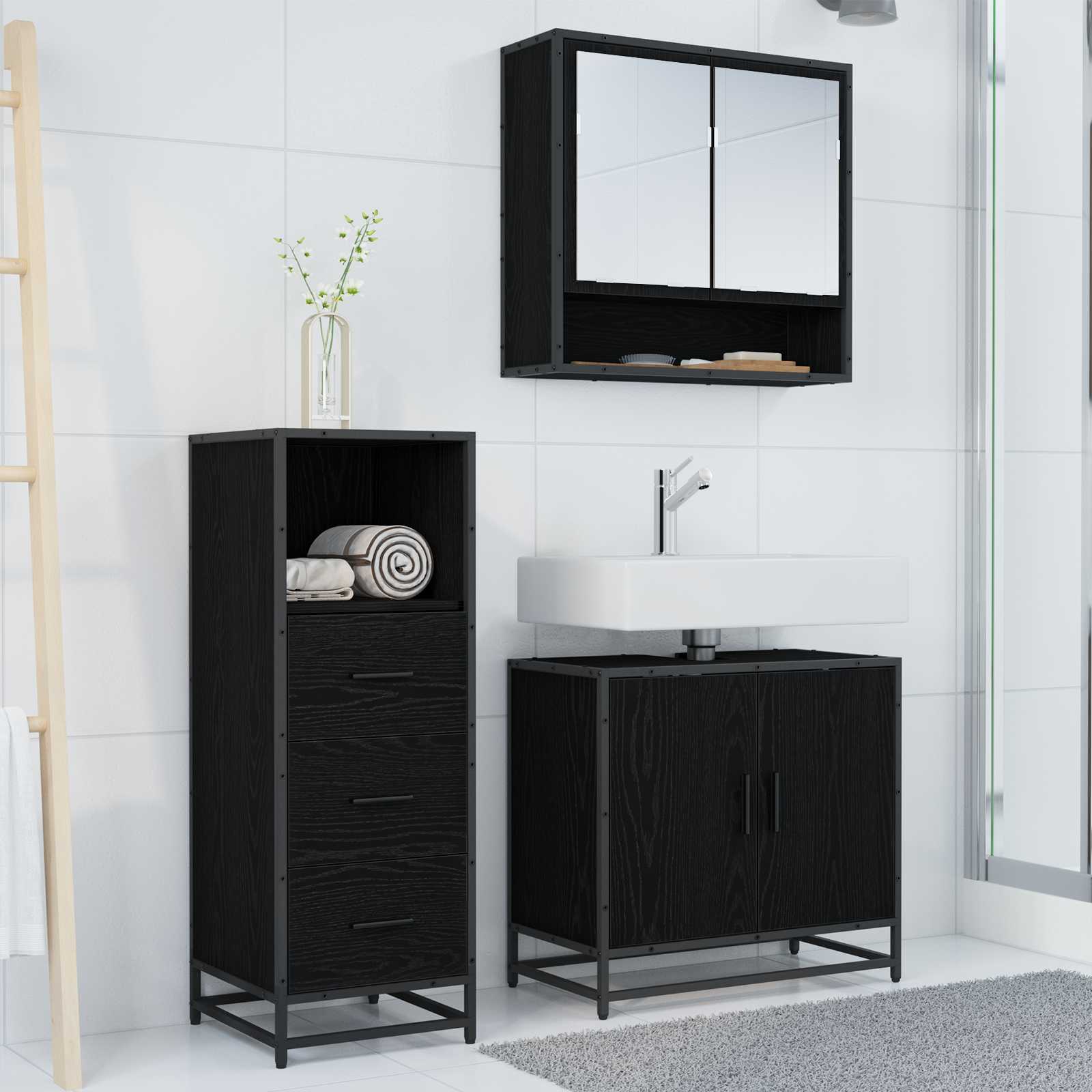 Juego de muebles de baño 3 pcs Roble Negro Madera de ingeniería