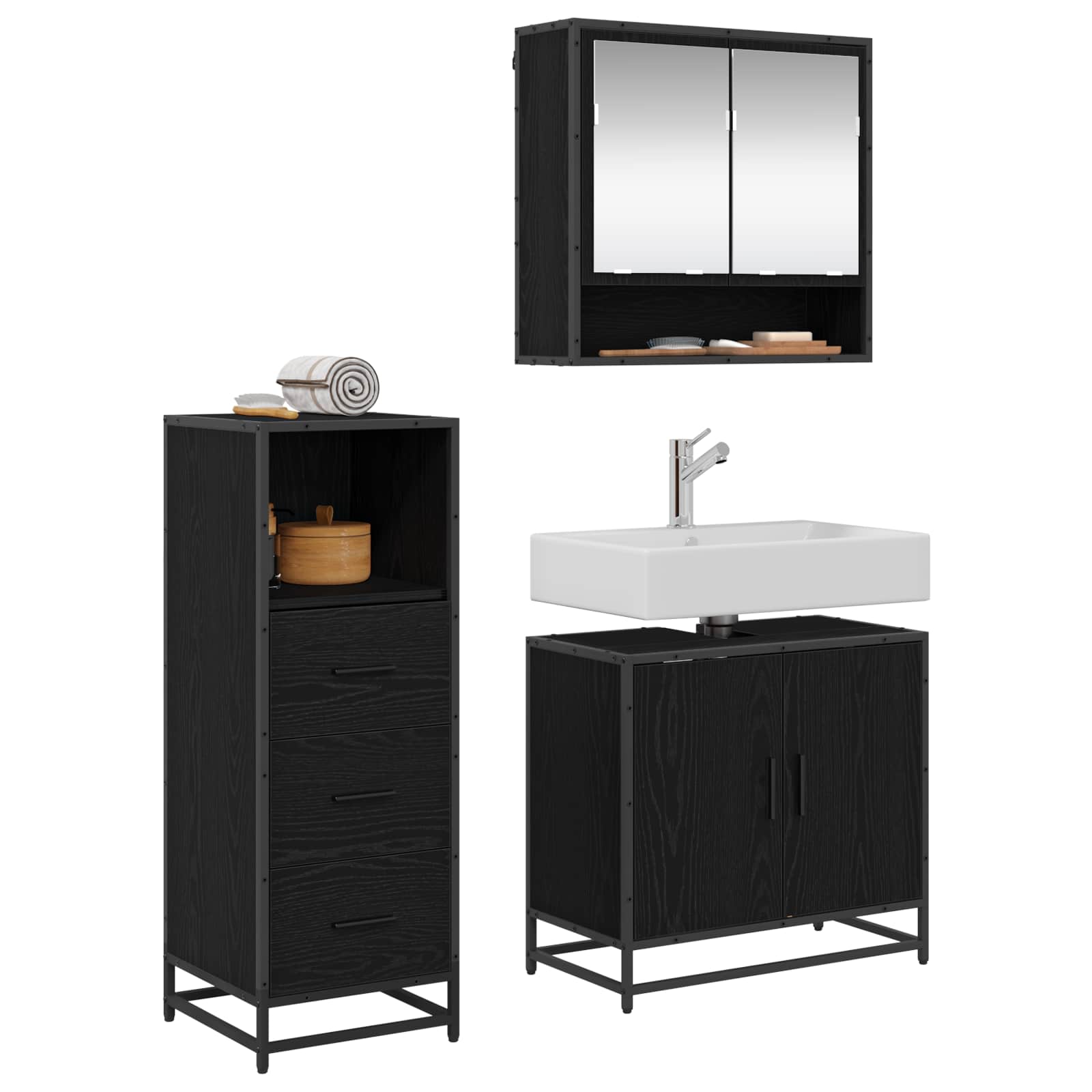 Juego de muebles de baño 3 pcs Roble Negro Madera de ingeniería