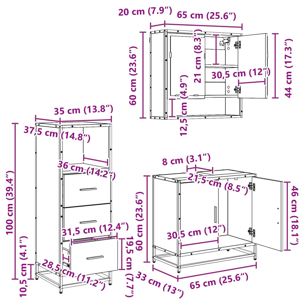 Juego de muebles de baño 3 pcs Roble Negro Madera de ingeniería