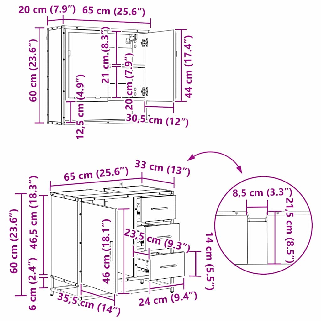 Juego de muebles de baño con cajón 4 pcs Roble artesanal