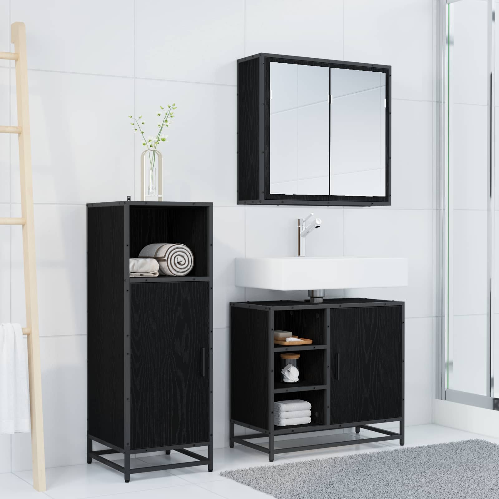 Juego de muebles de baño 3 pcs Roble Negro Madera de ingeniería