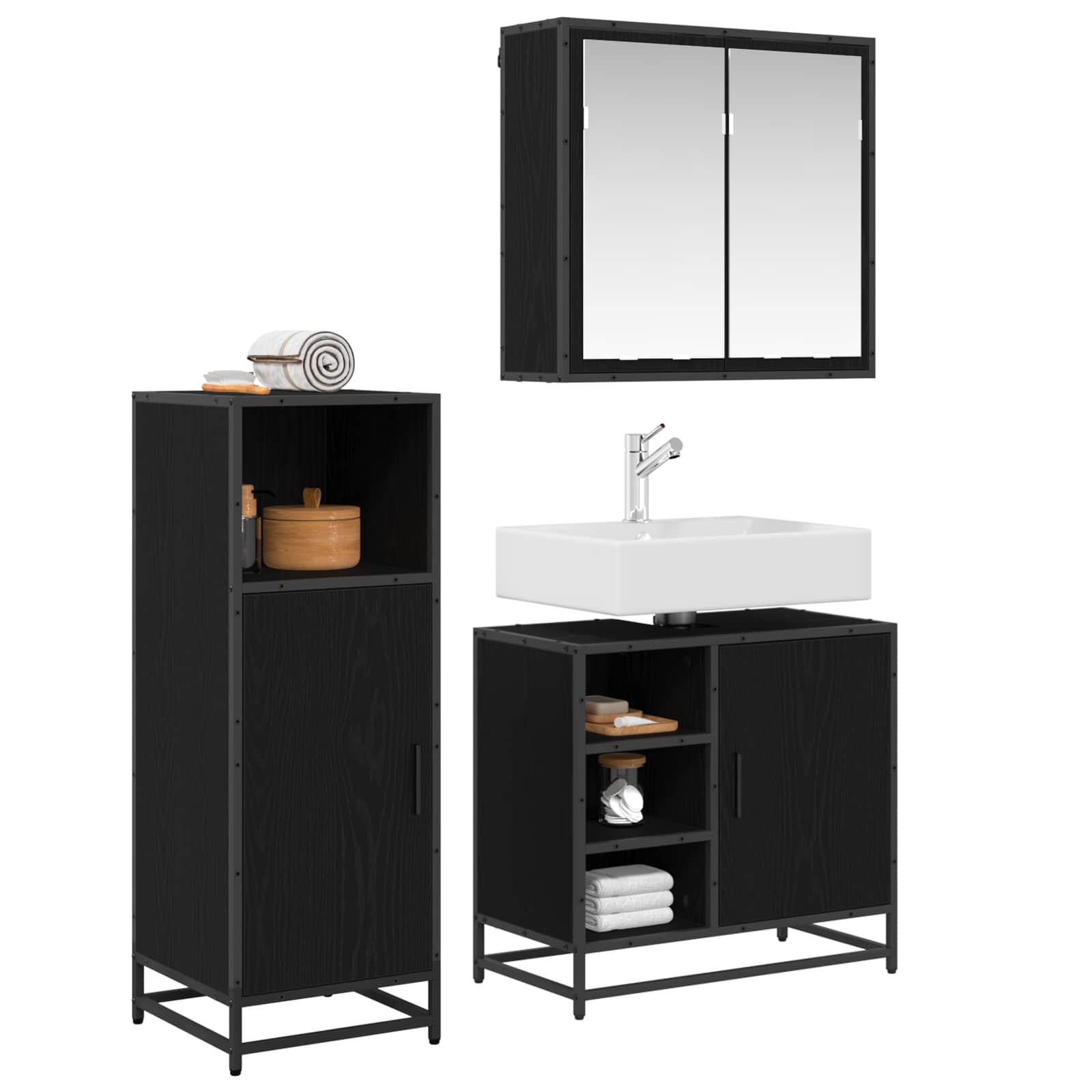Juego de muebles de baño 3 pcs Roble Negro Madera de ingeniería