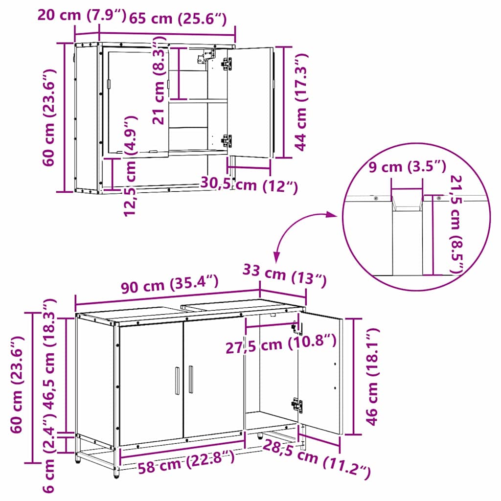 Juego de muebles de baño con cajón 3 pcs Madera envejecida