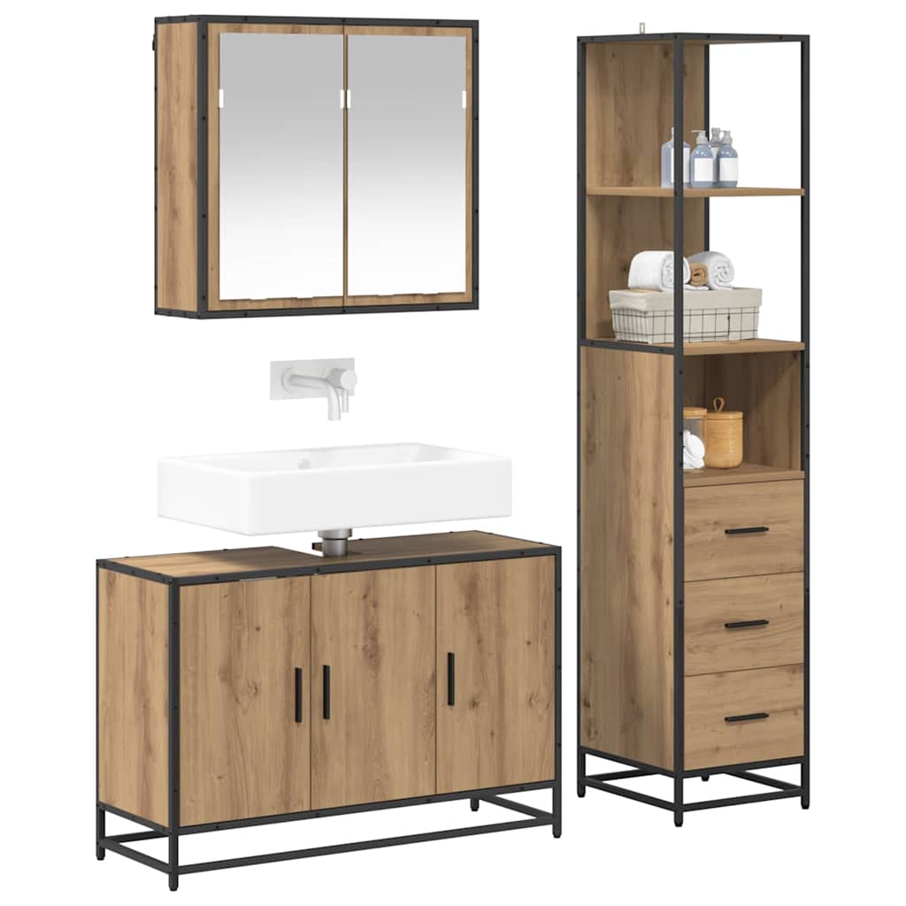 Juego de muebles de baño con cajón 3 pcs Roble artesanal