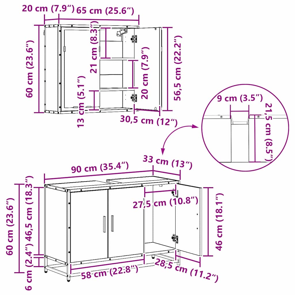 Juego de muebles de baño con cajón 3 pcs Roble artesanal