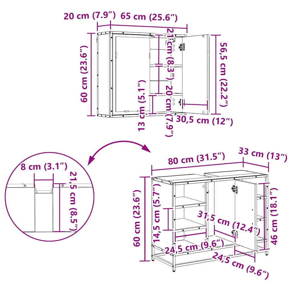 Juego de muebles de baño con estante 2 pcs Madera envejecida