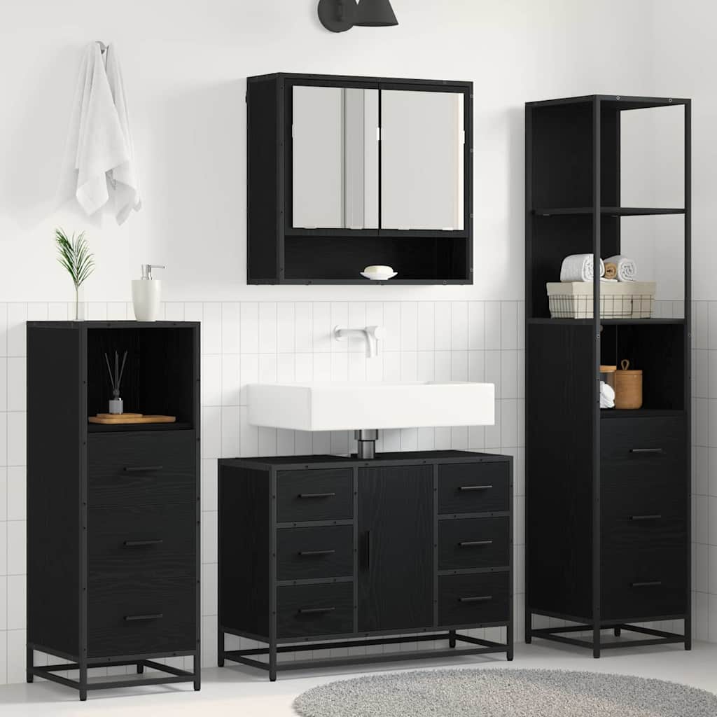Juego de muebles de baño 4 pcs Roble Negro Madera de ingeniería