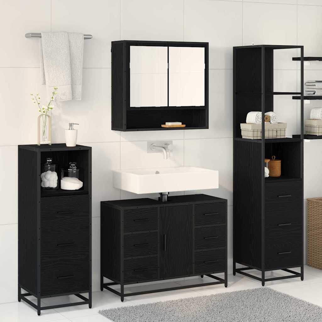 Juego de muebles de baño 4 pcs Roble Negro Madera de ingeniería