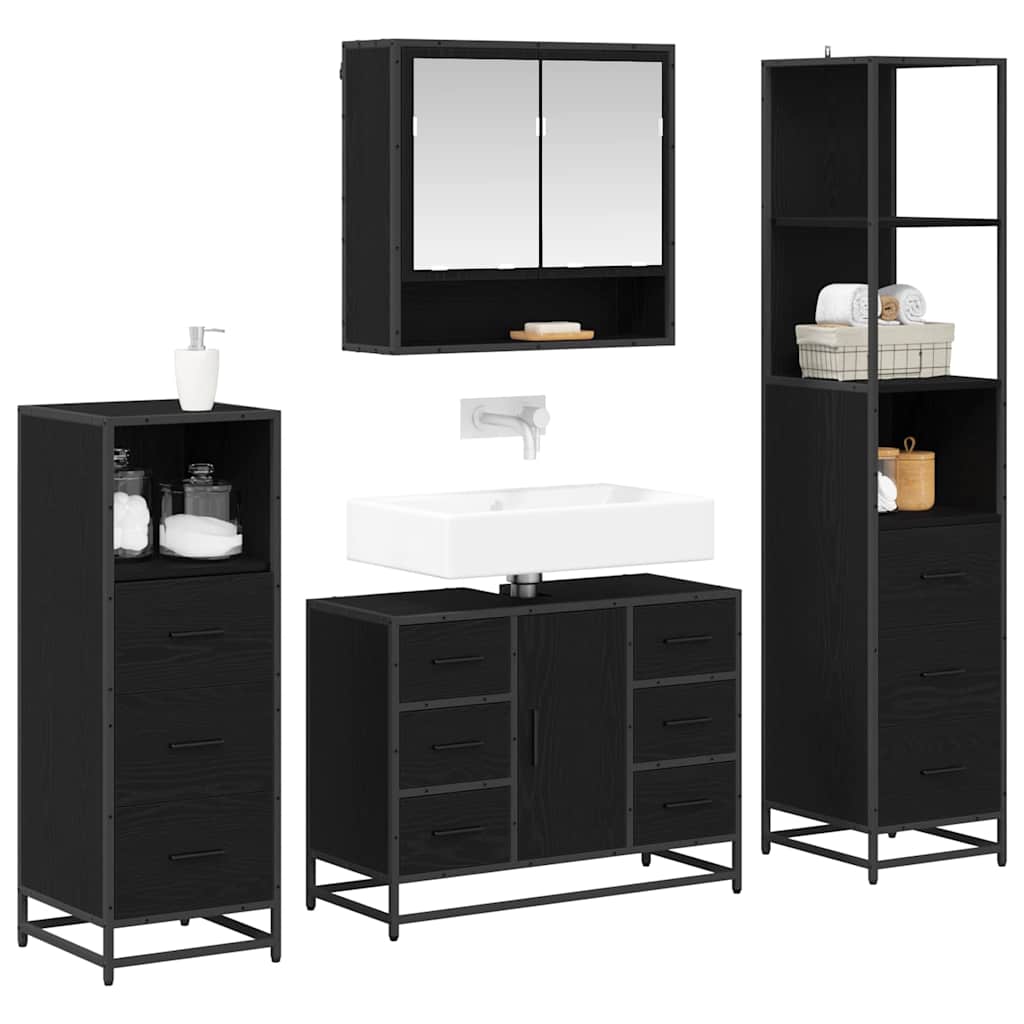 Juego de muebles de baño 4 pcs Roble Negro Madera de ingeniería