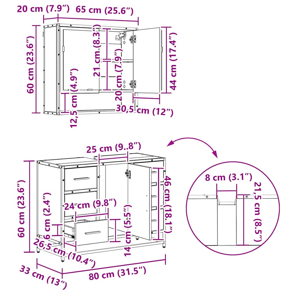 Juego de muebles de baño 4 pcs Roble Negro Madera de ingeniería
