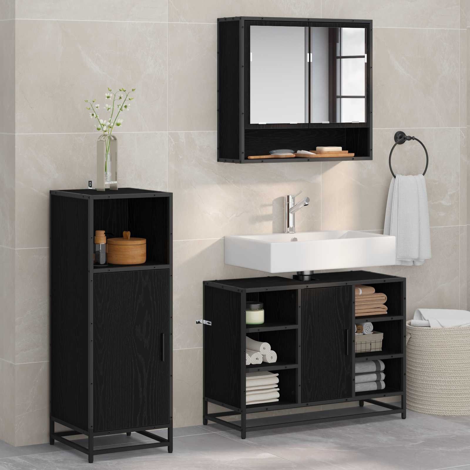 Juego de muebles de baño 3 pcs Roble Negro Madera de ingeniería