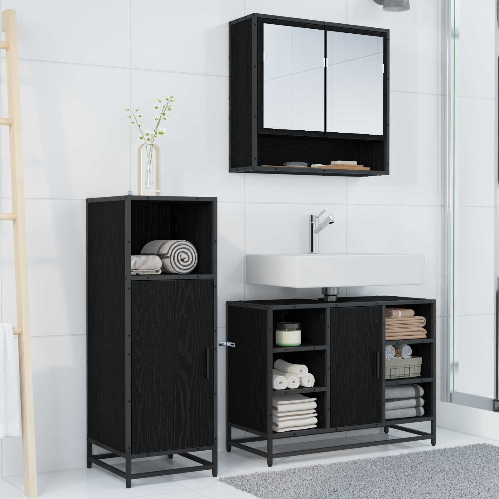 Juego de muebles de baño 3 pcs Roble Negro Madera de ingeniería