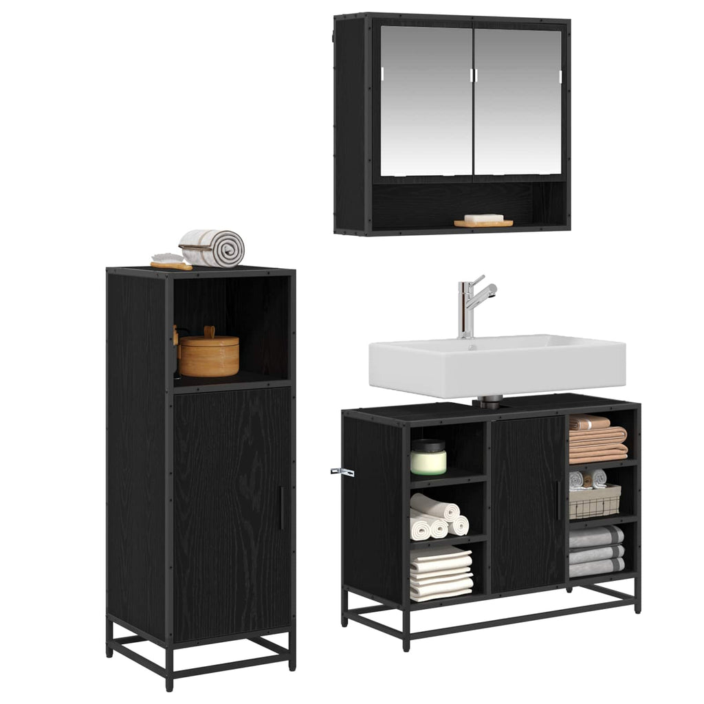 Juego de muebles de baño 3 pcs Roble Negro Madera de ingeniería