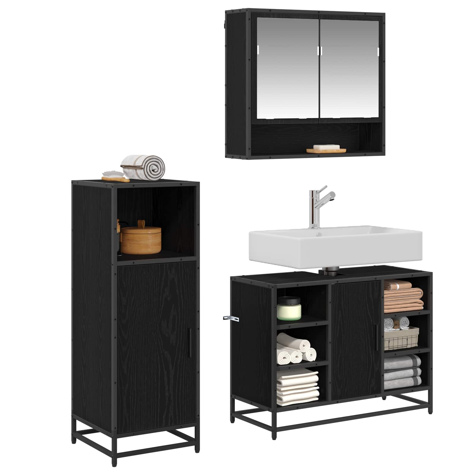 Juego de muebles de baño 3 pcs Roble Negro Madera de ingeniería