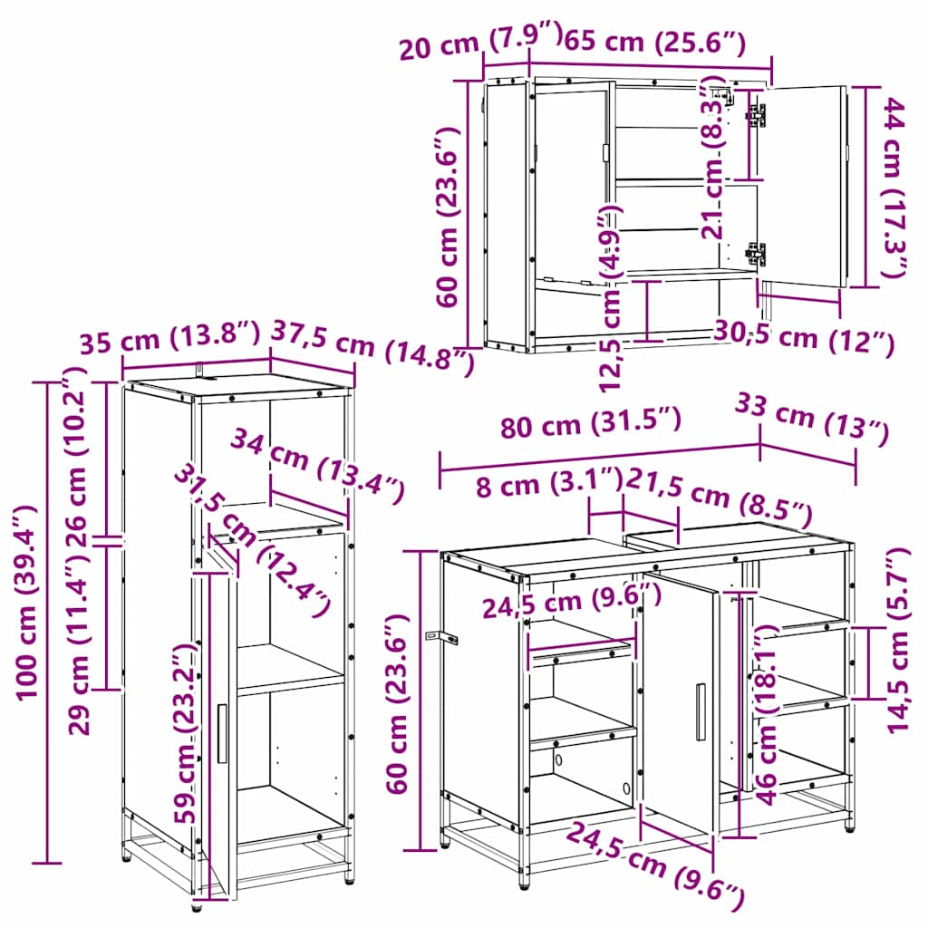 Juego de muebles de baño 3 pcs Roble Negro Madera de ingeniería