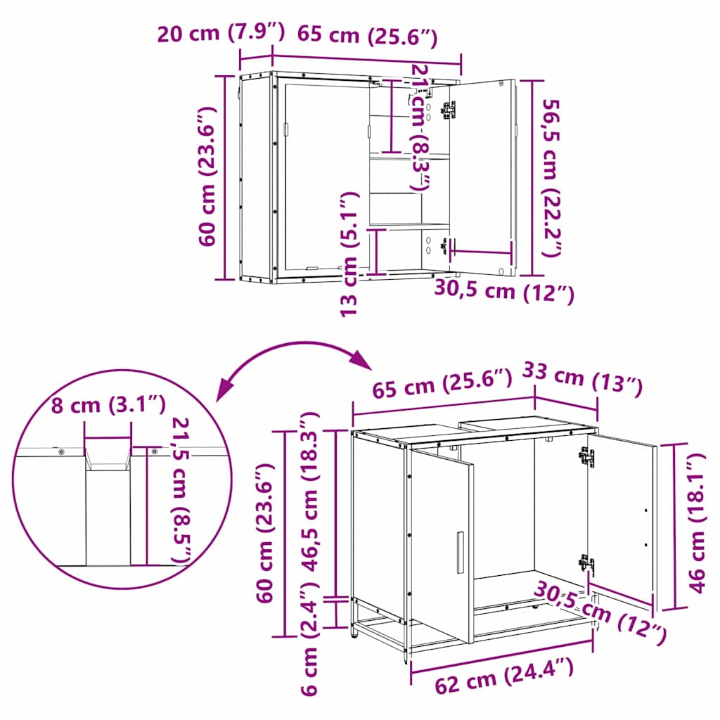 Juego de muebles de baño 2 pcs Roble Negro Madera de ingeniería