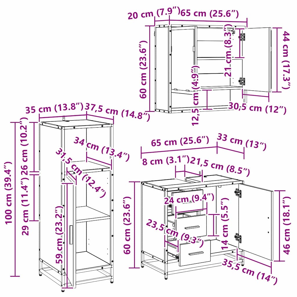 Juego de muebles de baño 3 pcs Roble Negro Madera de ingeniería