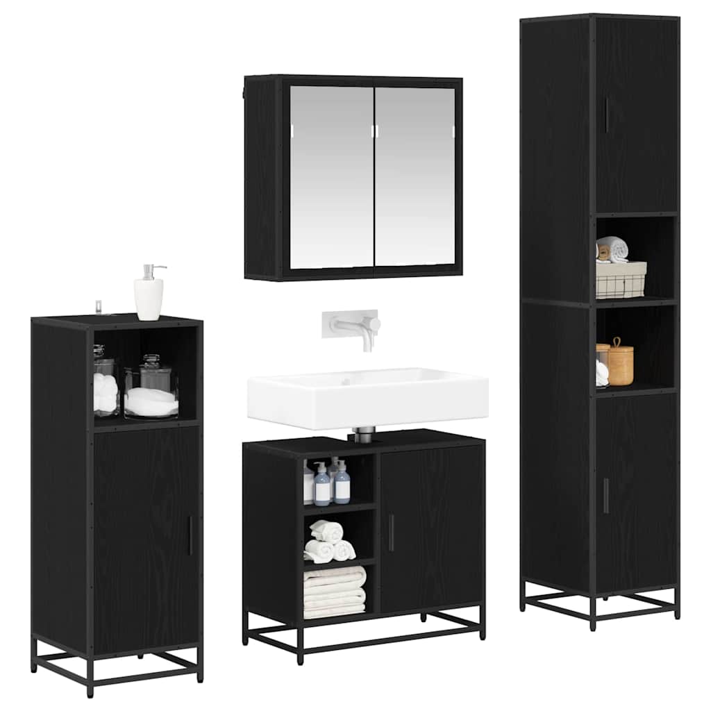 Juego de muebles de baño 4 pcs Roble Negro Madera de ingeniería