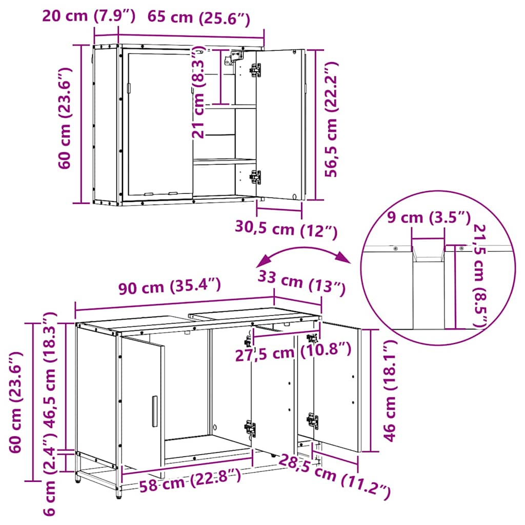 Juego de muebles de baño con cajón 4 pcs Roble artesanal