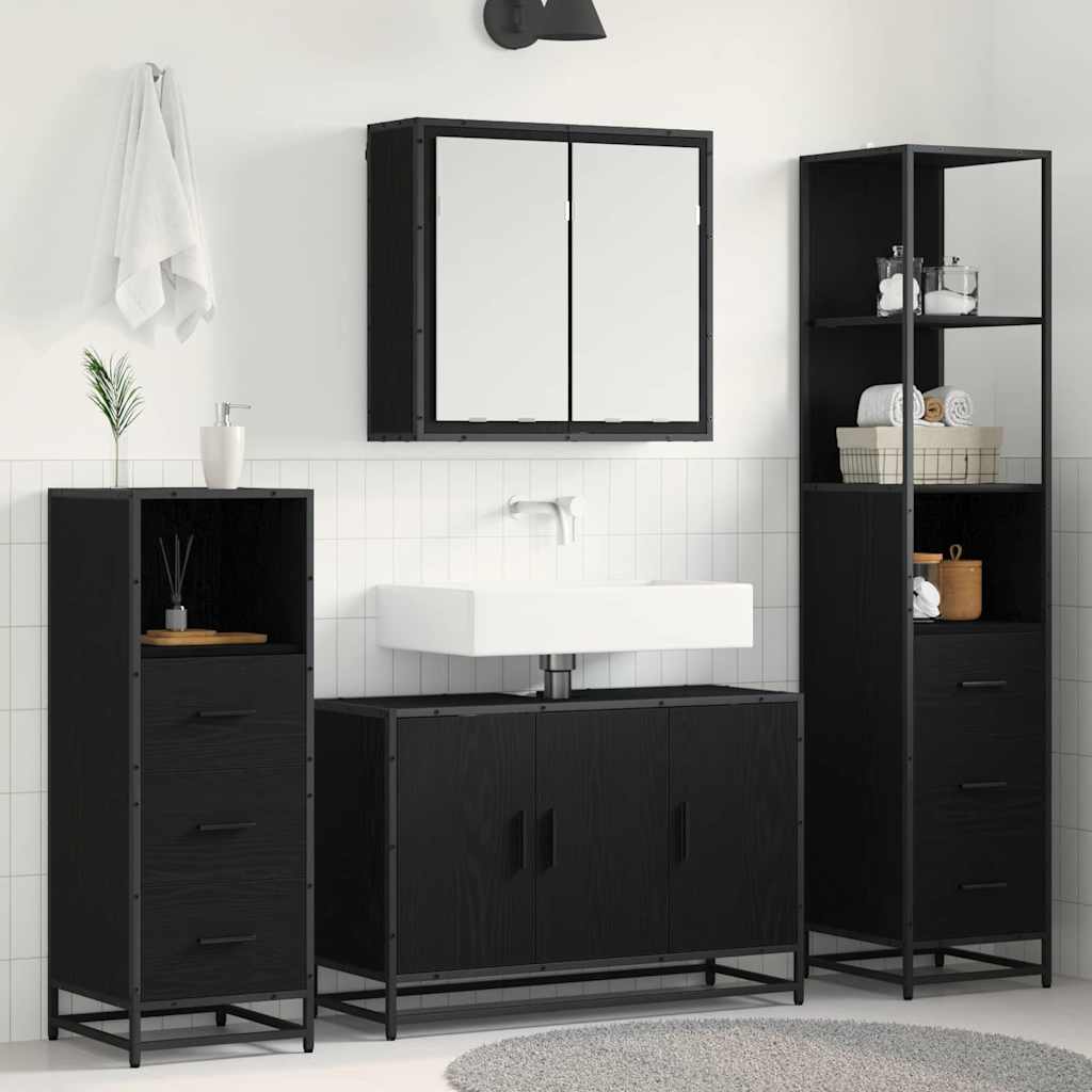 Juego de muebles de baño 4 pcs Roble Negro Madera de ingeniería