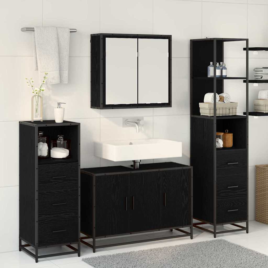 Juego de muebles de baño 4 pcs Roble Negro Madera de ingeniería