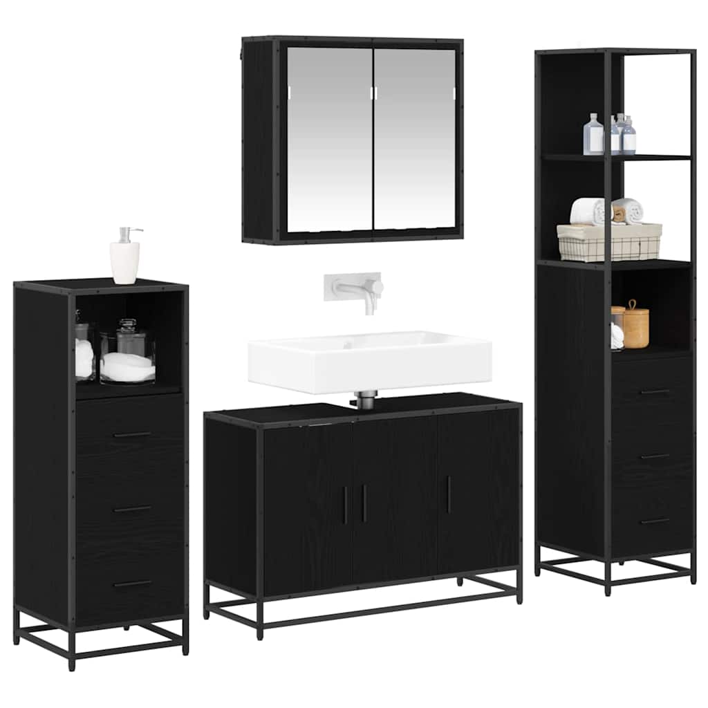 Juego de muebles de baño 4 pcs Roble Negro Madera de ingeniería