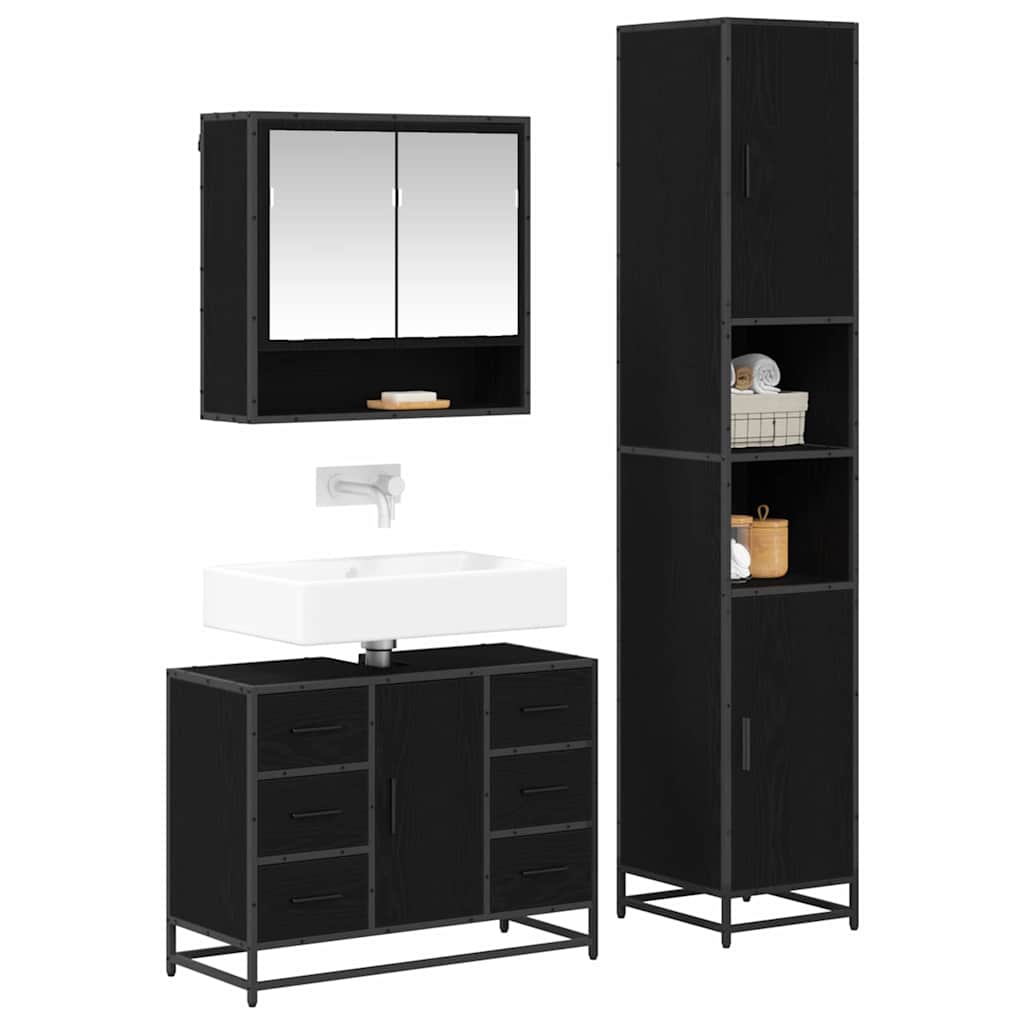 Juego de muebles de baño 3 pcs Roble Negro Madera de ingeniería