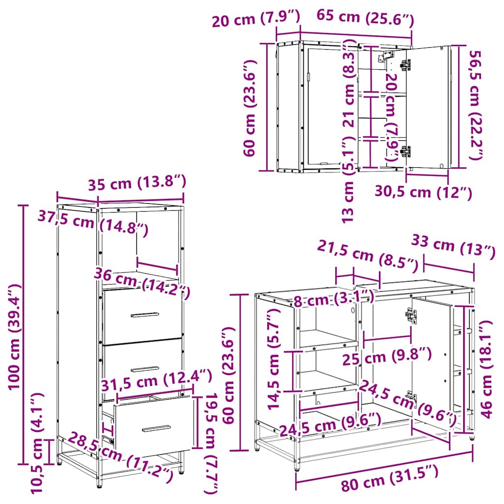 Juego de muebles de baño con cajón 3 pcs Madera envejecida