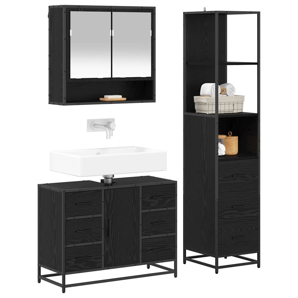 Juego de muebles de baño 3 pcs Roble Negro Madera de ingeniería
