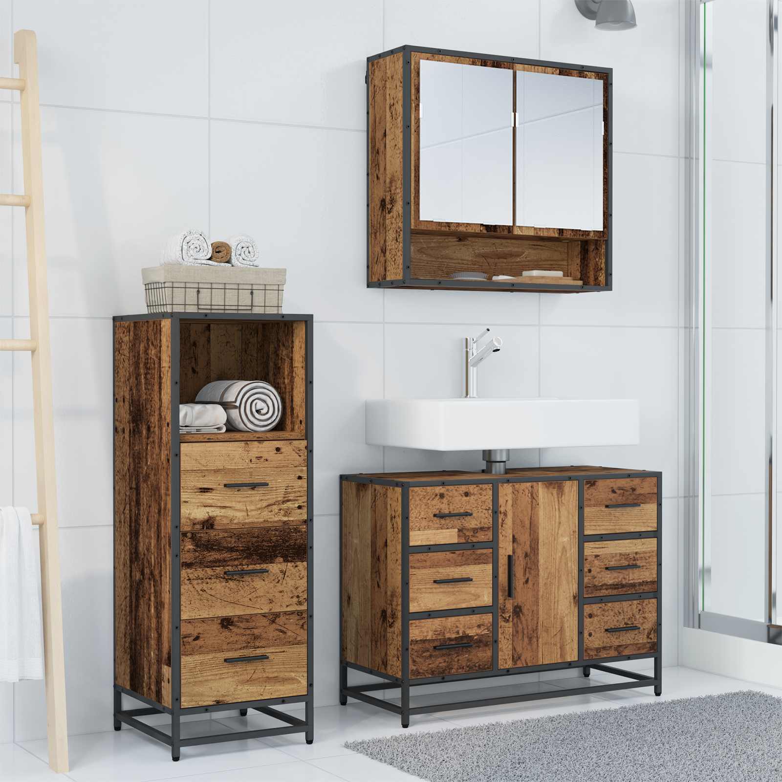 Juego de muebles de baño con cajón 3 pcs Madera envejecida