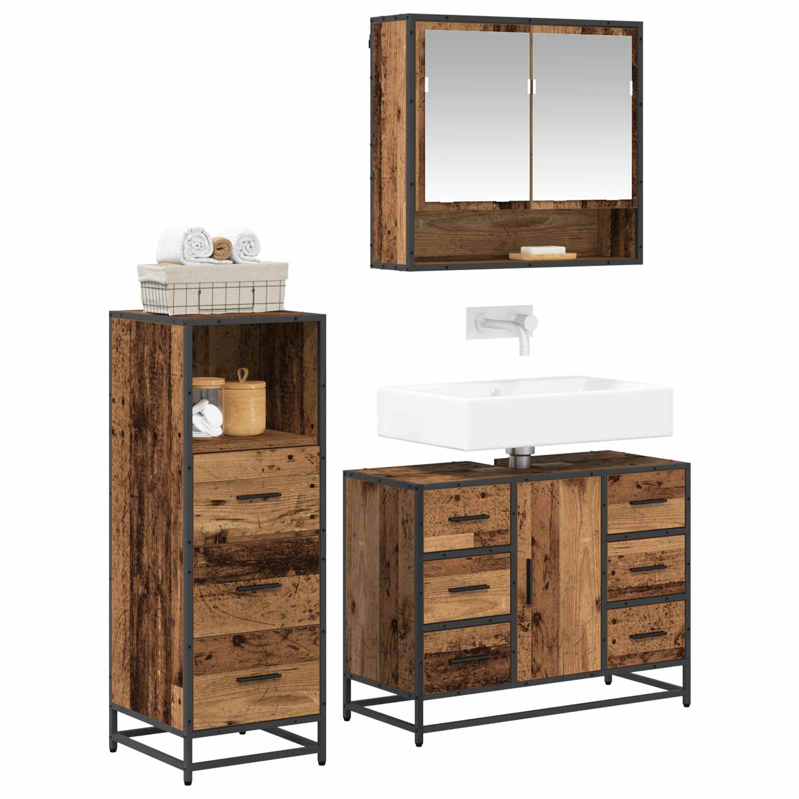 Juego de muebles de baño con cajón 3 pcs Madera envejecida