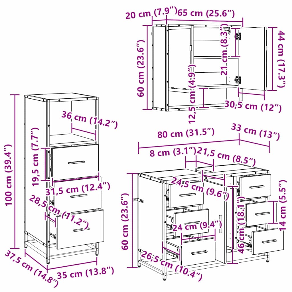 Juego de muebles de baño con cajón 3 pcs Madera envejecida