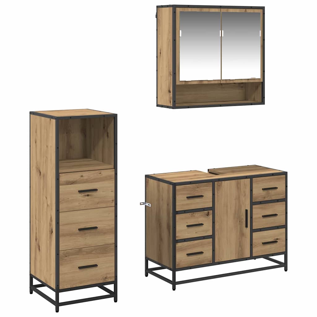 Juego de muebles de baño con cajón 3 pcs Roble artesanal