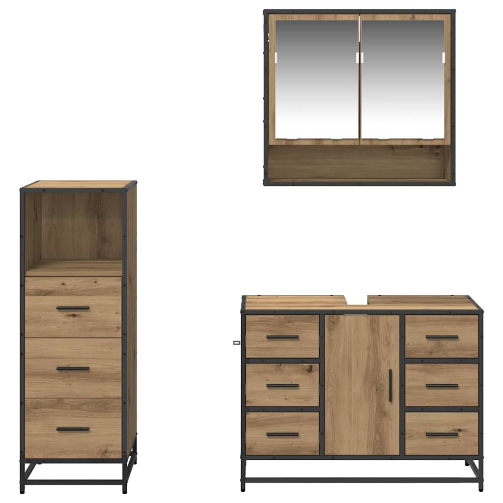 Juego de muebles de baño con cajón 3 pcs Roble artesanal