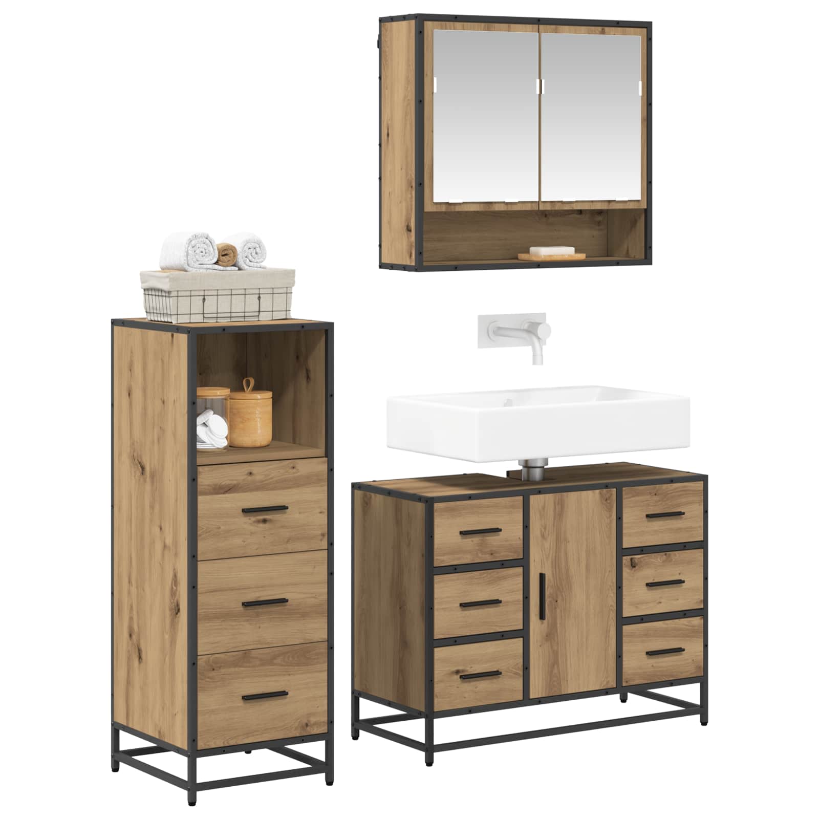 Juego de muebles de baño con cajón 3 pcs Roble artesanal