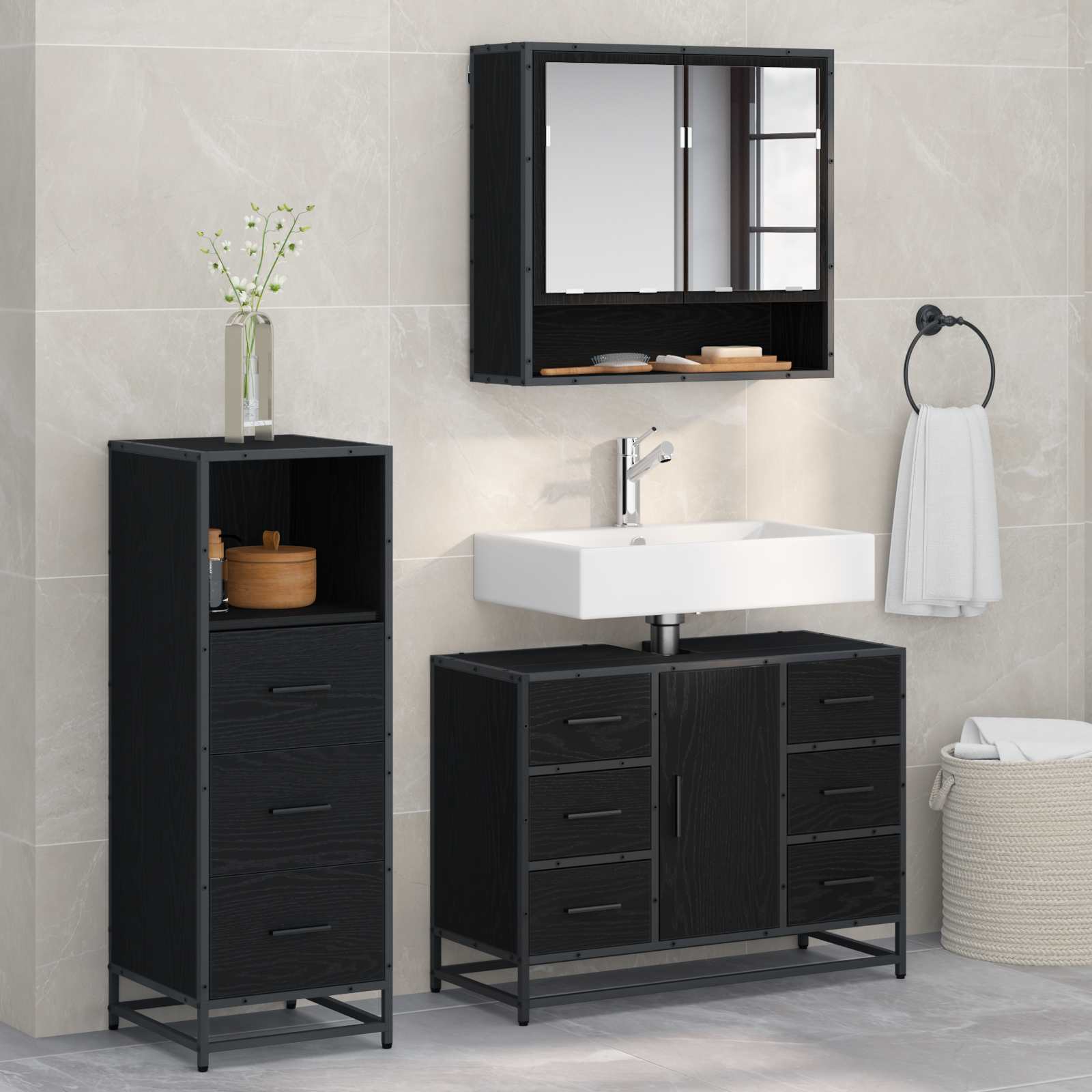 Juego de muebles de baño 3 pcs Roble Negro Madera de ingeniería