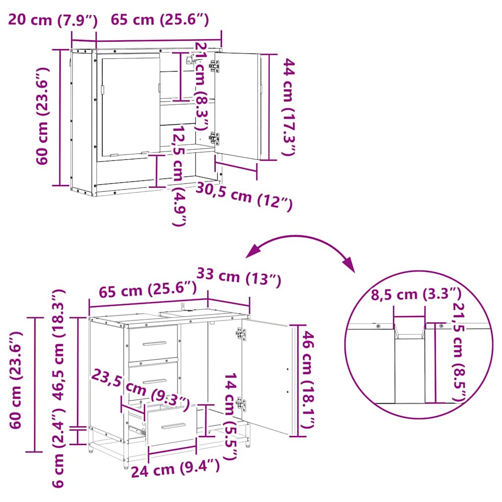 Juego de muebles de baño 4 pcs Roble Negro Madera de ingeniería