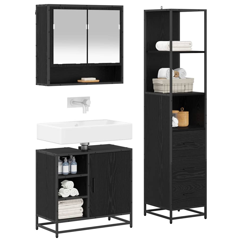 Juego de muebles de baño 3 pcs Roble Negro Madera de ingeniería