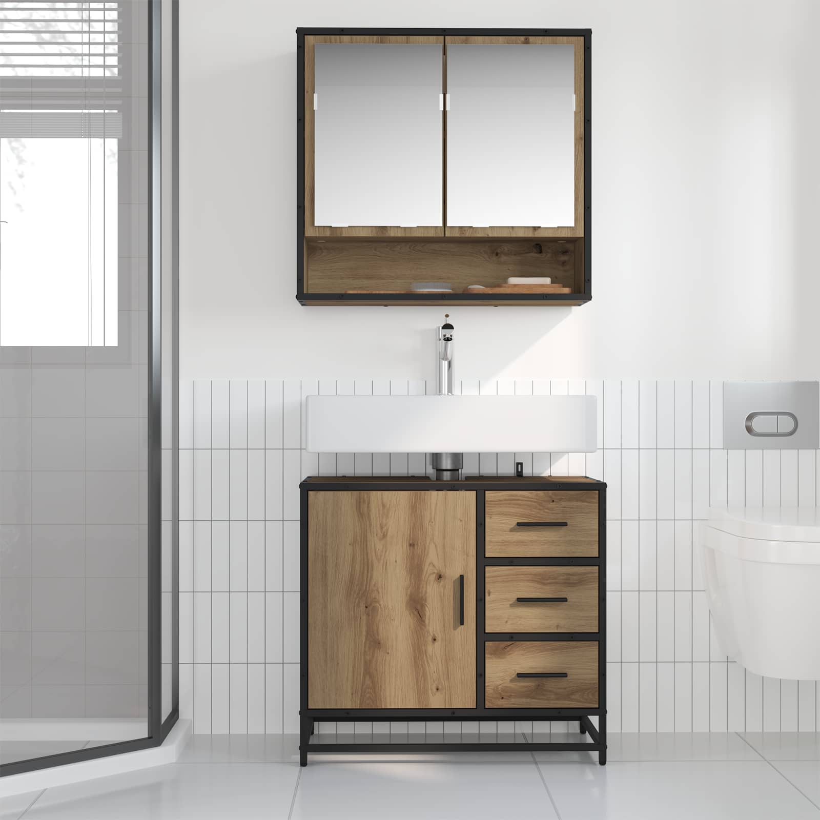 Juego de muebles de baño con cajón 2 pcs Roble artesanal