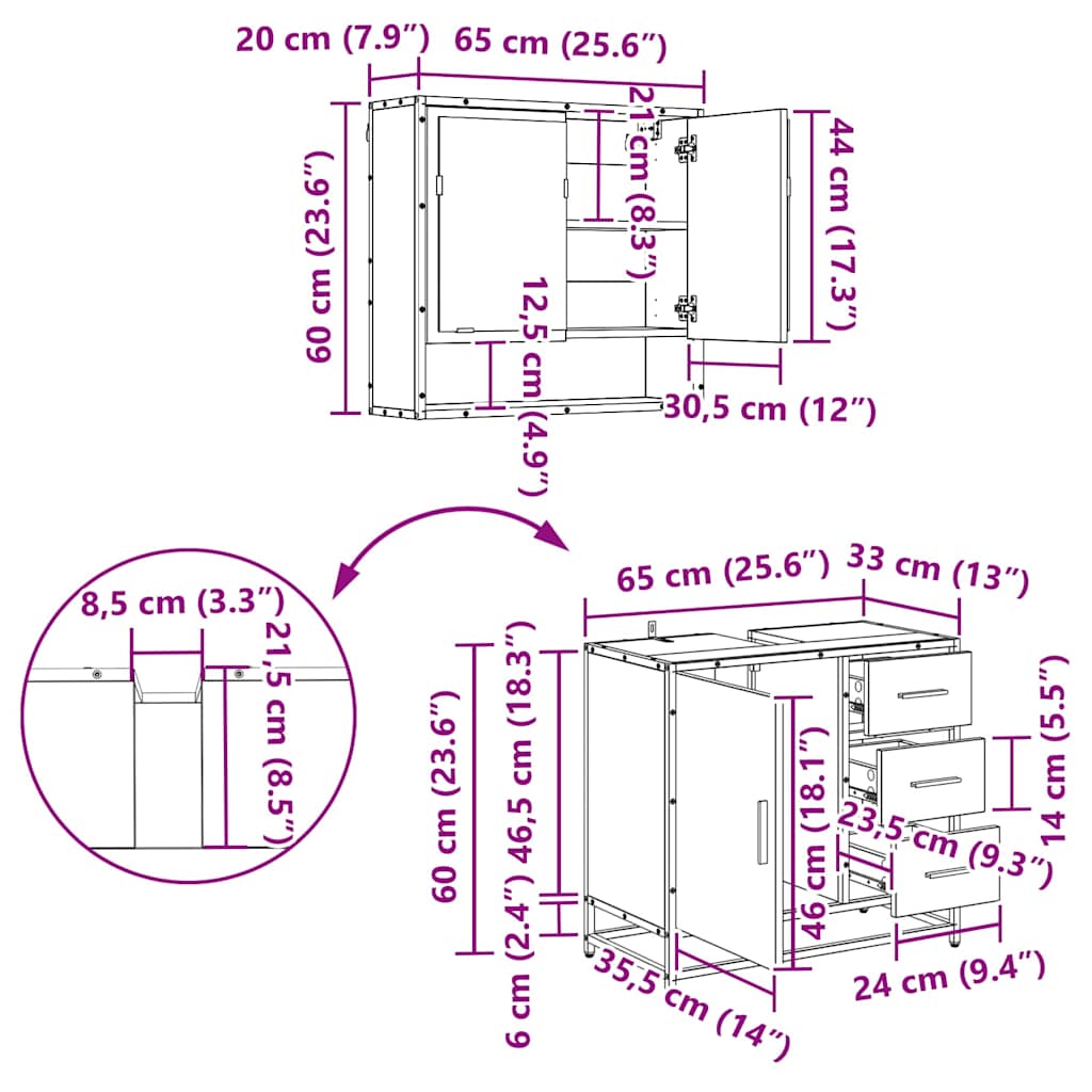 Juego de muebles de baño 2 pcs Roble Negro Madera de ingeniería