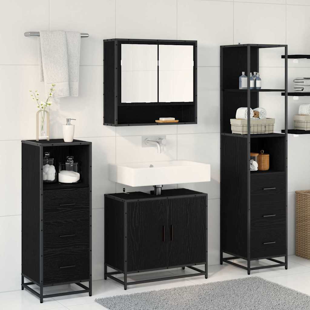 Juego de muebles de baño 4 pcs Roble Negro Madera de ingeniería