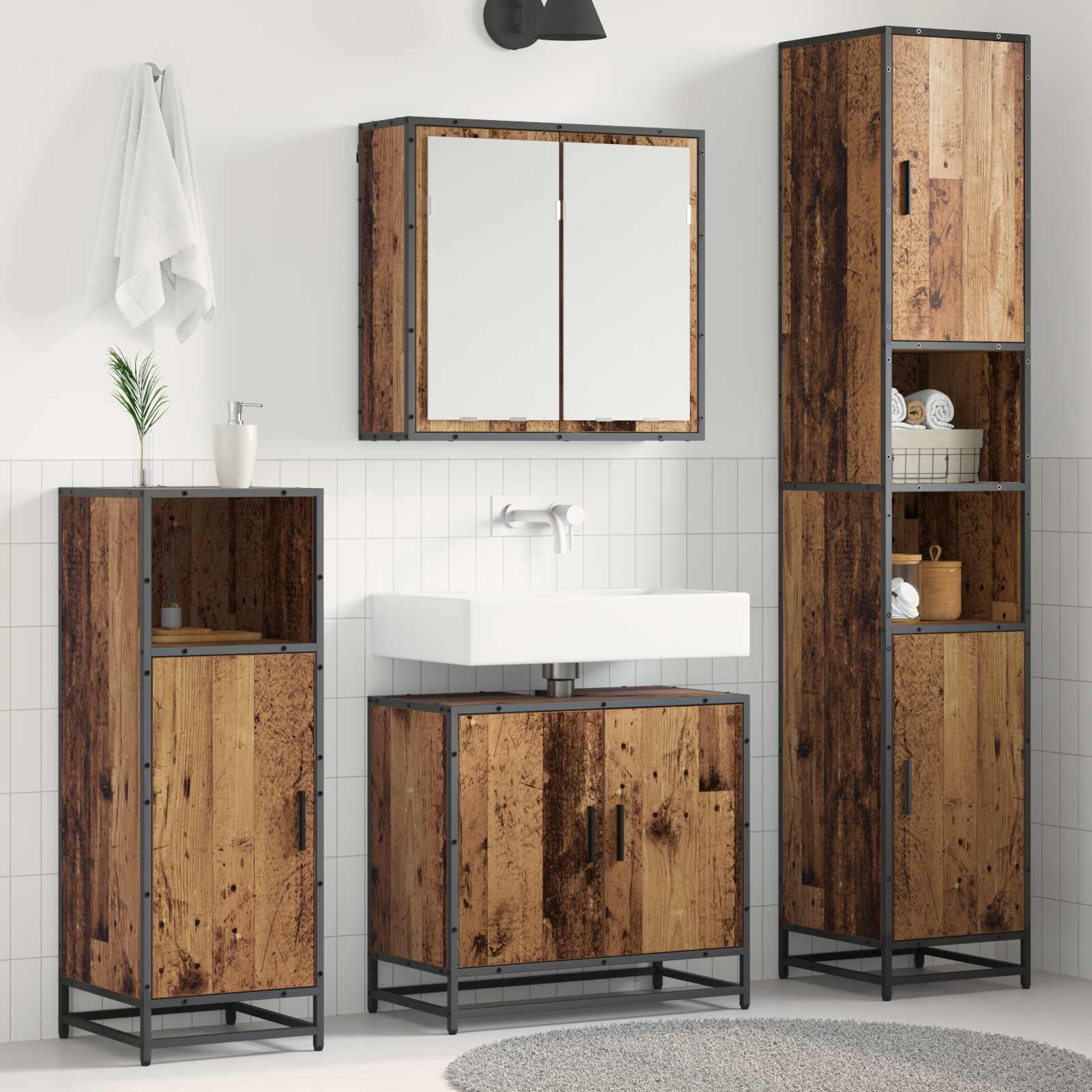 Juego de muebles de baño con estante 3 pcs Madera envejecida