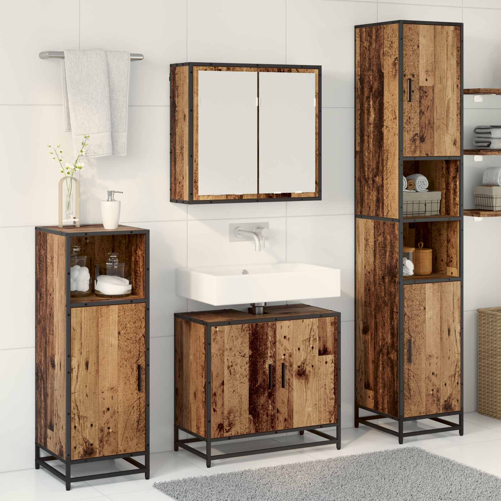 Juego de muebles de baño con estante 3 pcs Madera envejecida